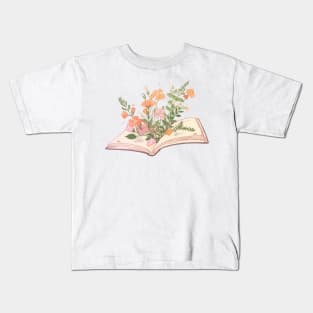 Orange pastel Wildflowers growing from an open book Kids T-Shirt